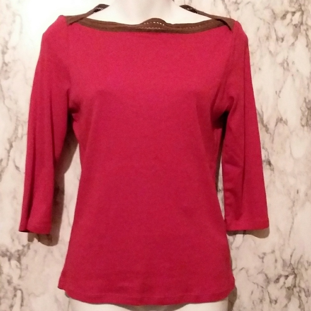 Ralph Lauren Petites Red & Brown 3/4 Sleeve Top